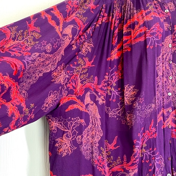 Free People - Peacock Feather Pattern Purple Button Down Long Sleeve Blouse SM - Picture 5 of 11